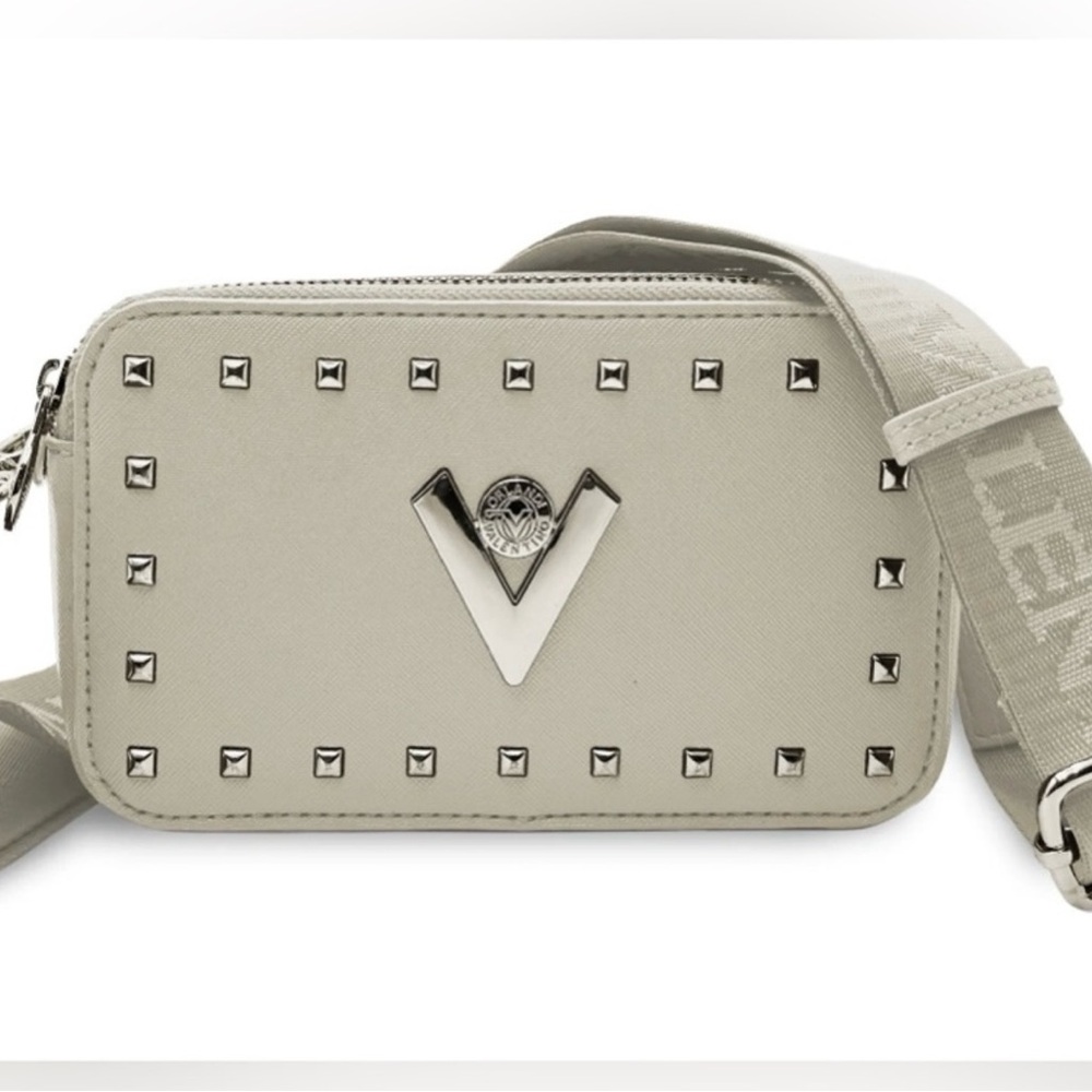 New Valentino Orlando Studded Gray Crossbody/camera bag, double zipper.